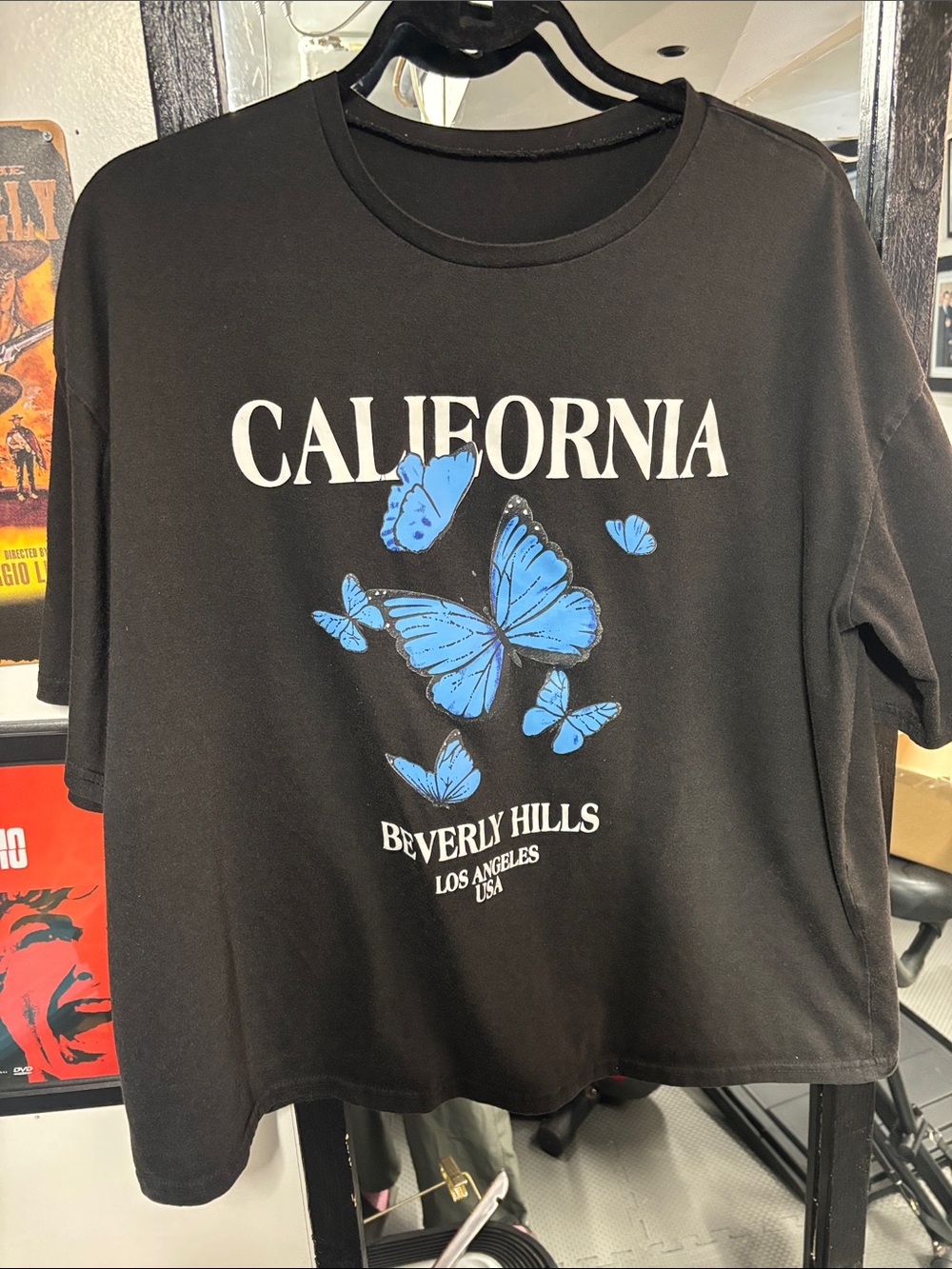 SHEIN Black Tee with Blue Butterfly California Graphic